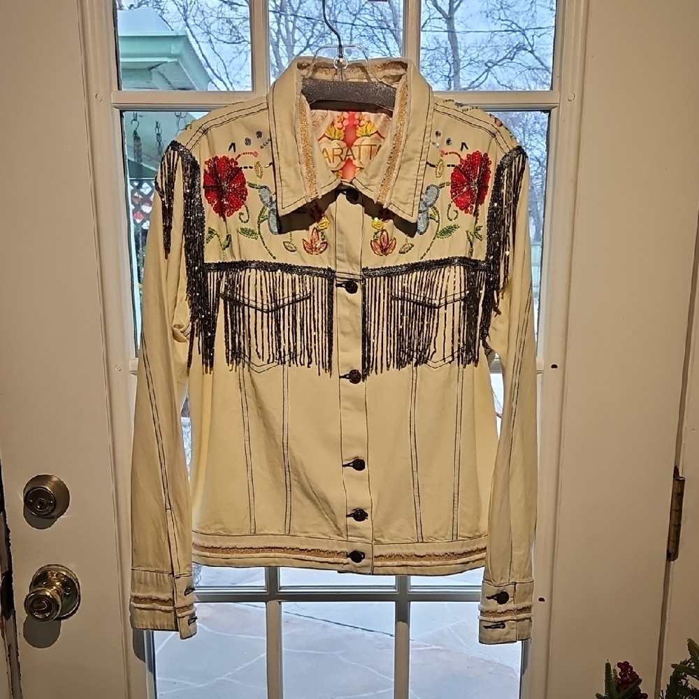 Aratta Women's Cream Beaded Fringe Jean Jacket.